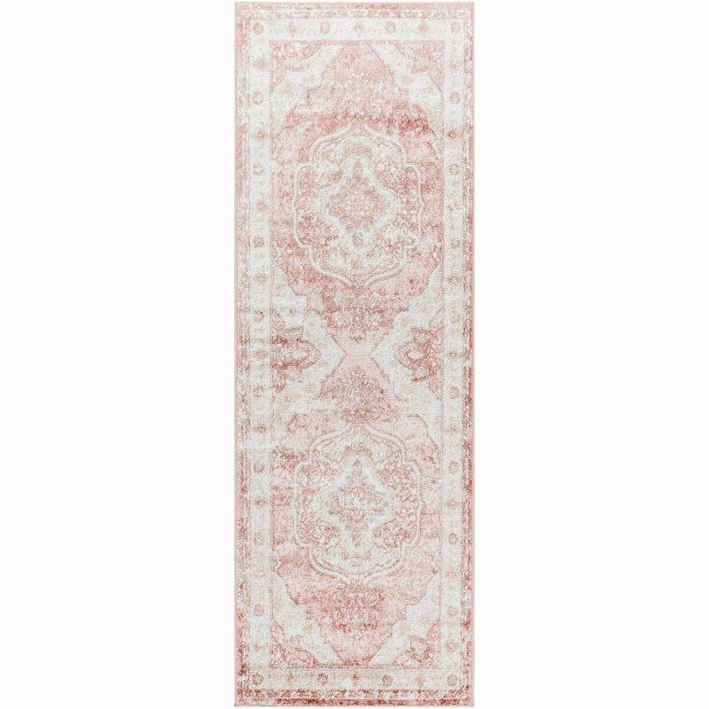 Bethlehem Traditional White and Pink Hand-knotted Synthetic Runner Rug