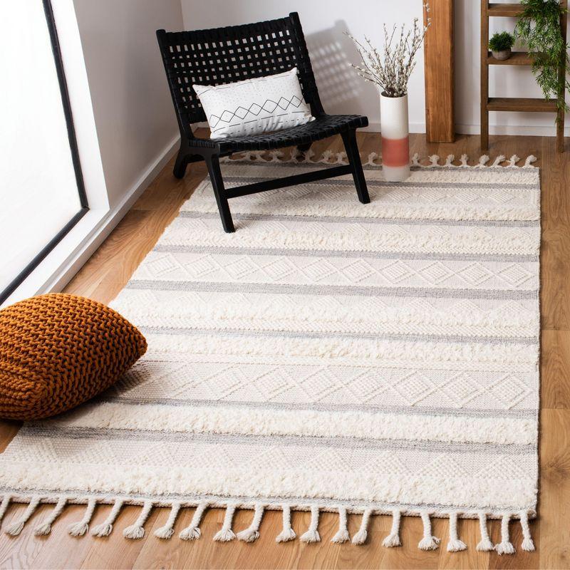 Ivory and Grey Hand-Knotted Wool Striped Area Rug, 3' x 5'