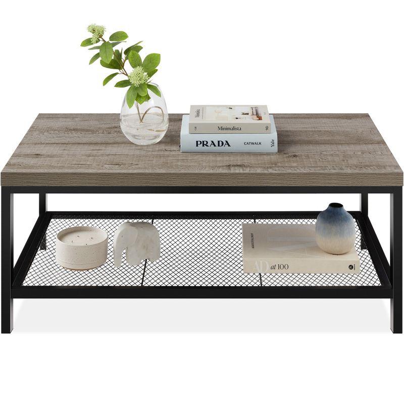 Modern Industrial Rectangular Wood and Metal Coffee Table with Mesh Shelf