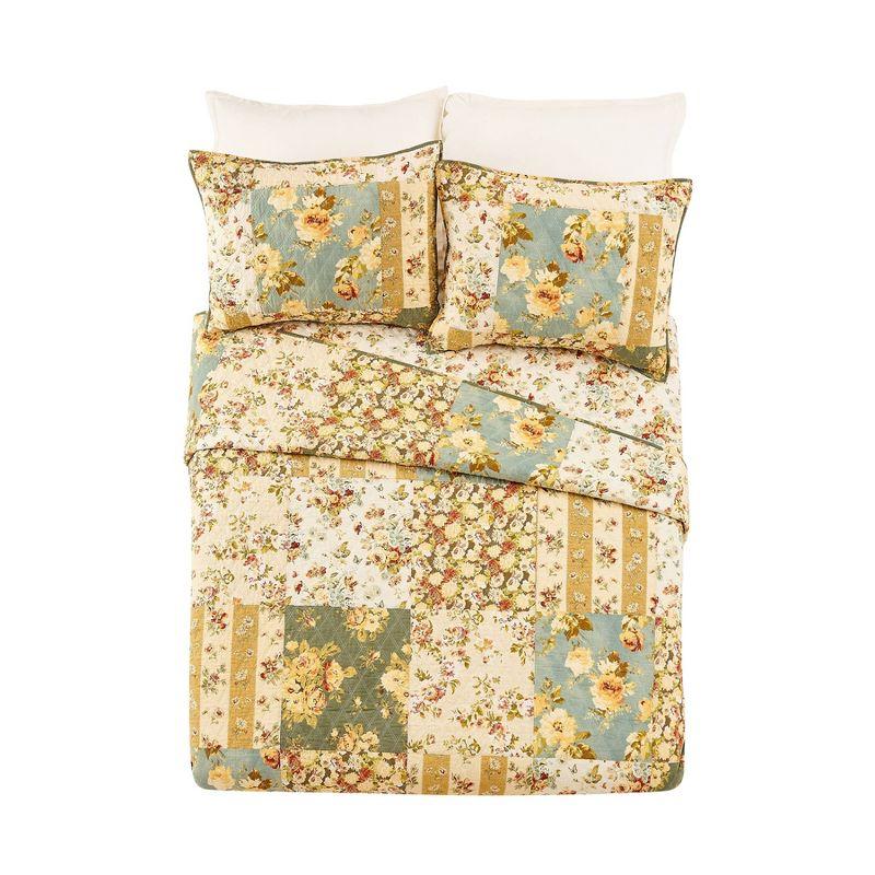 King Blue Cotton Reversible Floral Patchwork Quilt Set