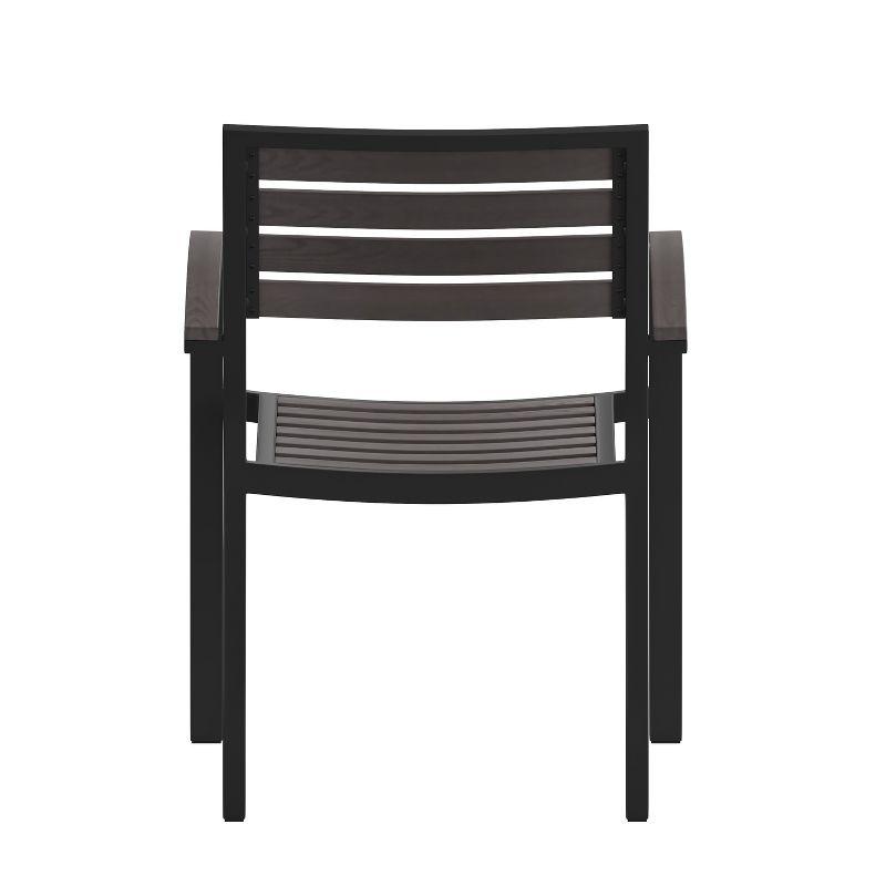Merrick Lane Set of 2 Outdoor Stackable Faux Teak Side Chairs - Commercial Grade Black Aluminum Patio Chair with Gray Wash Synthetic Teak Slats