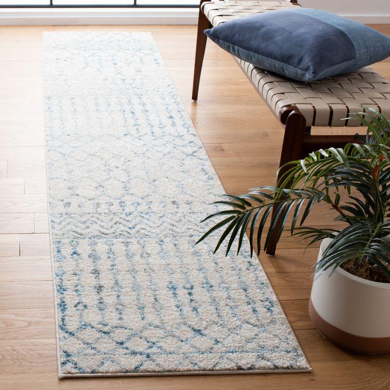 Ivory & Turquoise Hand-Knotted Synthetic 2'x13' Runner Rug