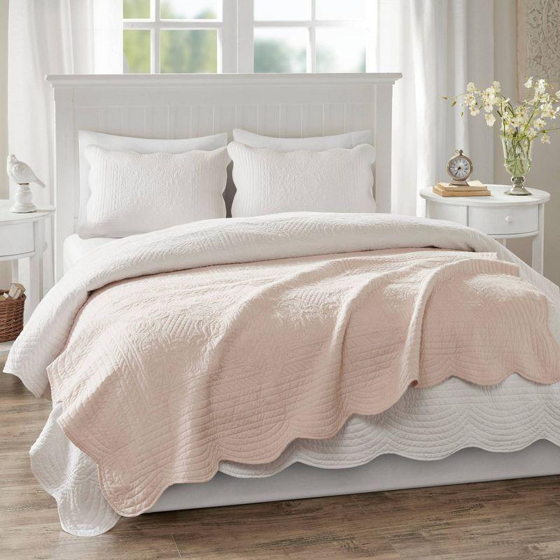 Madison Park 60"x72" Marino Quilted Throw Blanket with Scallop Edges Blush: Soft Microfiber