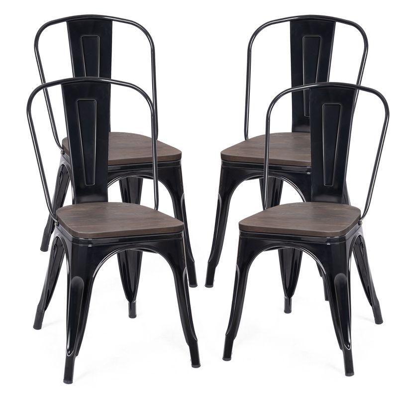 Tangkula Set of 4 Tolix Style Metal Dining Side Chair Wood Seat Stackable Bistro Cafe New