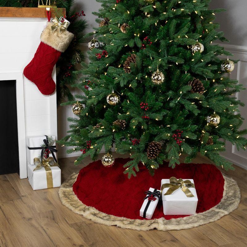 Cable Knit Christmas Tree Skirt With Faux Fur Trim- 48" - Red