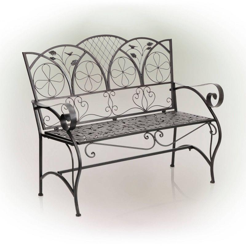 38" x 45" Iron Birds and Leaves Outdoor Garden Bench Brown - Alpine Corporation: Weatherproof, Decorative Yard Seating