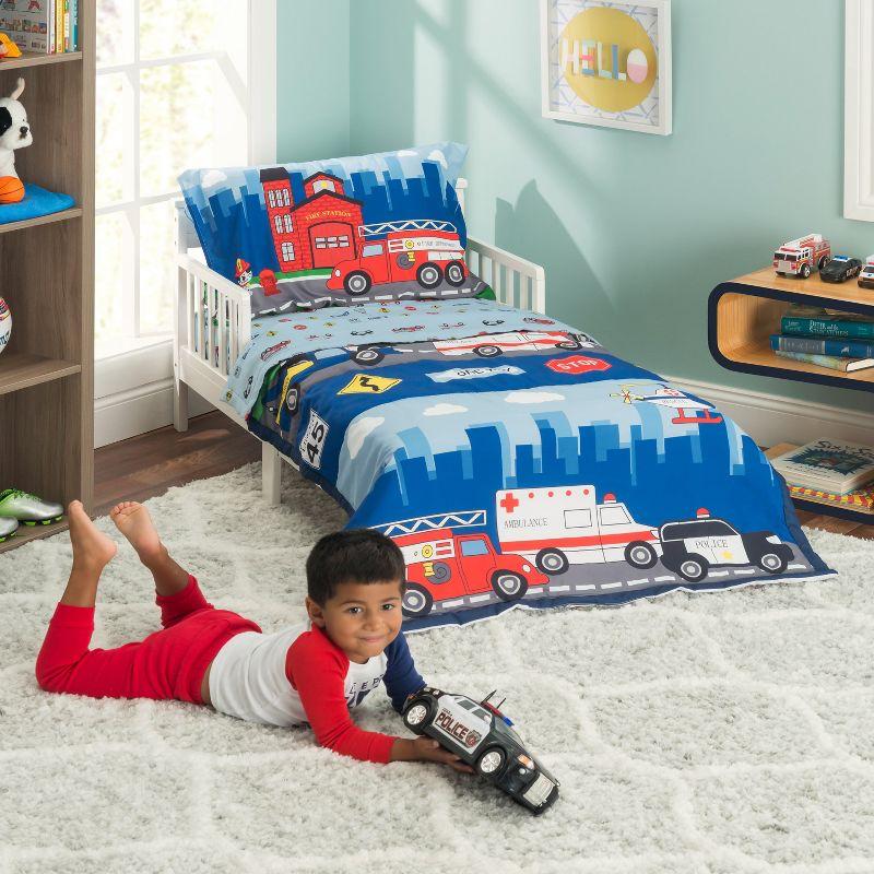 EVERYDAY KIDS 4 Piece Toddler Bedding Set -Fire and Police Rescue- Includes Comforter, Flat Sheet, Fitted Sheet and Reversible Pillowcase