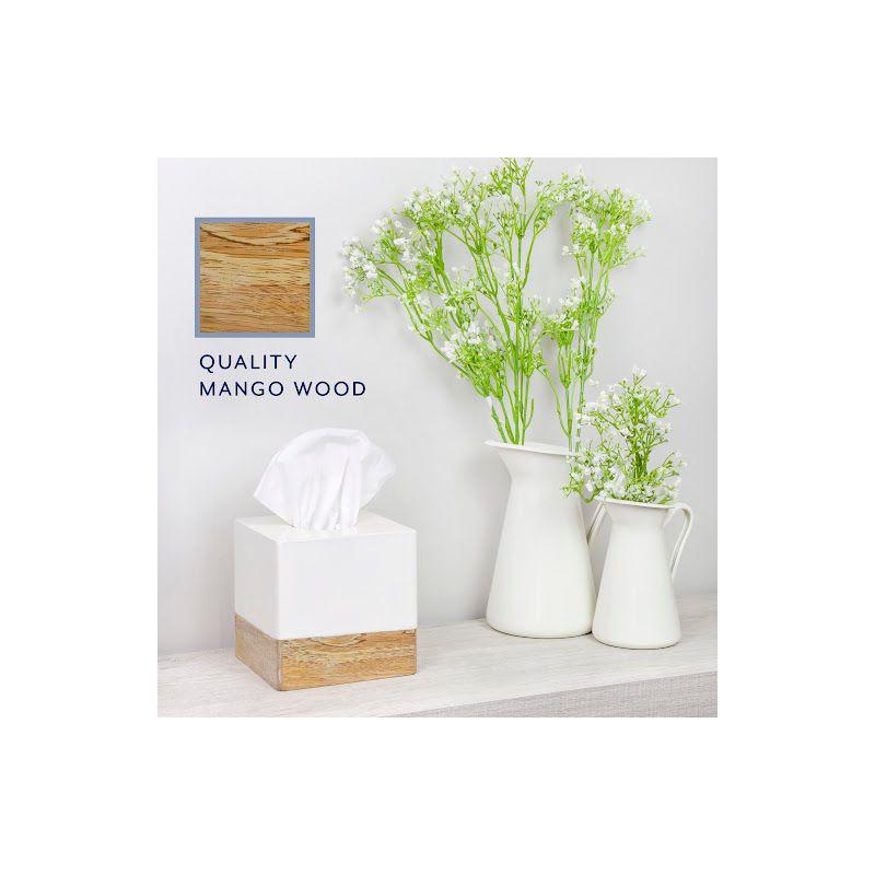 Square White Enamel and Mango Wood Tissue Box Cover