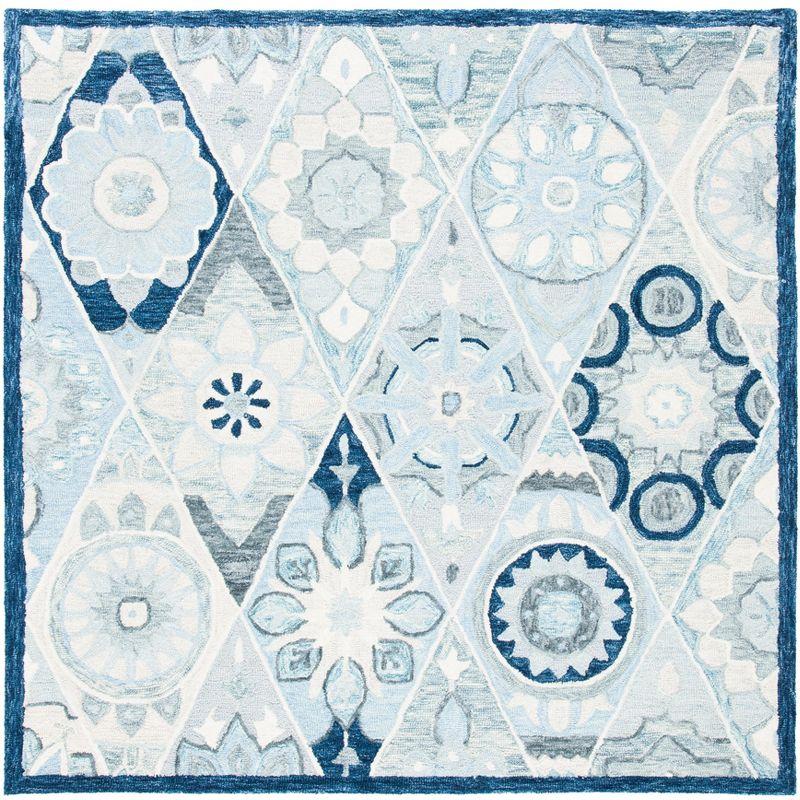 Ivory and Blue Floral Wool Handmade Square Rug