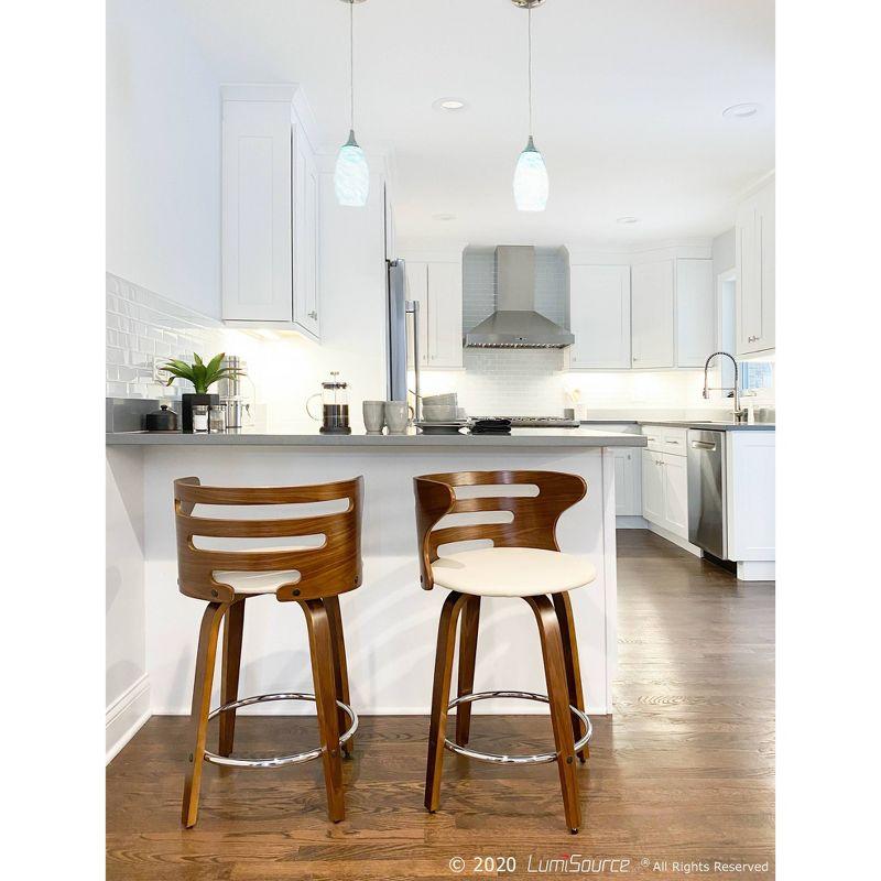 LumiSource Set of 2 Cosini Upholstered Counter Height Barstools Cream/Walnut: Swivel, Wood Legs, Faux Leather