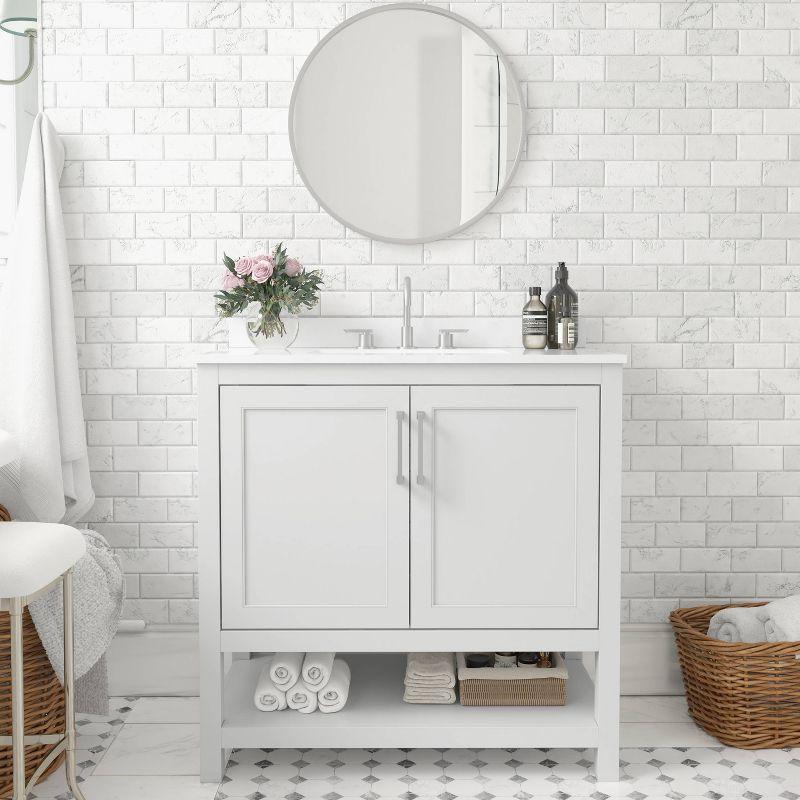 Taylor & Logan 36" Vivien Bathroom Vanity White: Carrara Marble Countertop, Ceramic Sink, Adjustable Shelf