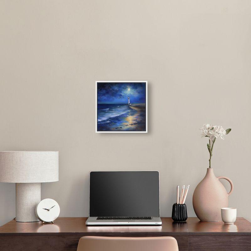 Art Remedy Lighthouse at Night Chic Coastal Wall Art, 12" x 12", White Frame