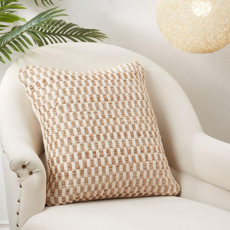 Beige 20" Jute and Cotton Woven Throw Pillow Cover