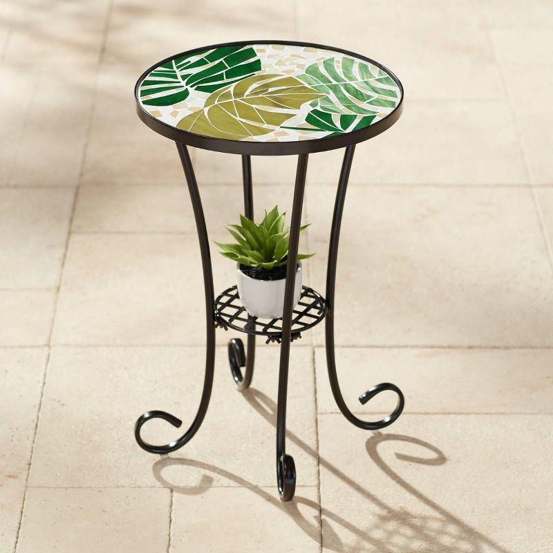 Contemporary Black Metal and Green Leaf Mosaic Outdoor Side Table