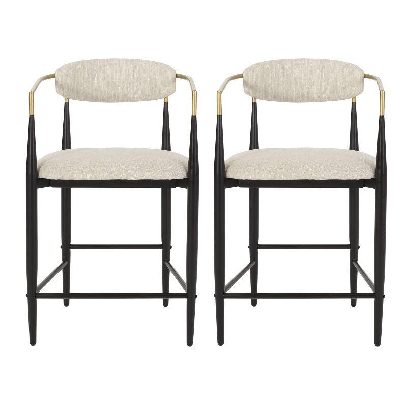 Beige and Black Upholstered Iron 25'' Counter Stools, Set of 2