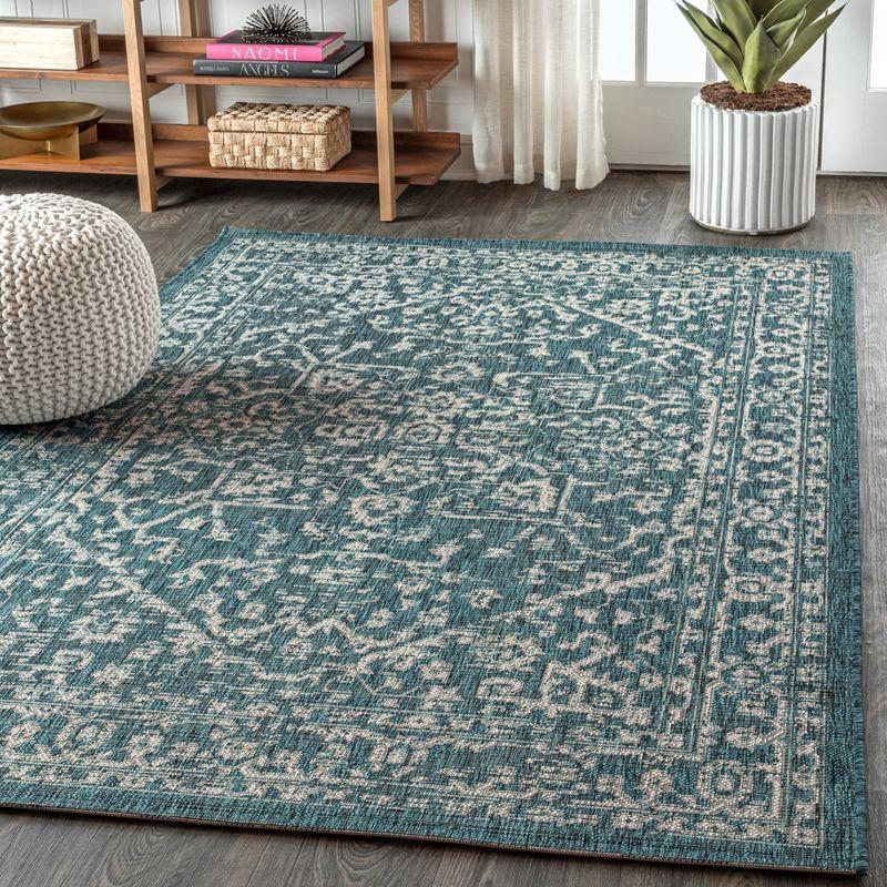 4'x6' Malta Bohemian Medallion Textured Weave Indoor/Outdoor Area Rug, Teal/Gray - JONATHAN Y