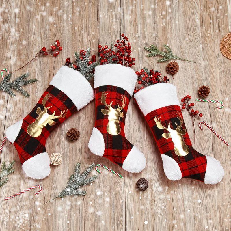 20" Large Christmas Stockings, 3 Pack Red Buffalo Plaid Xmas Stockings with Elk Pattern