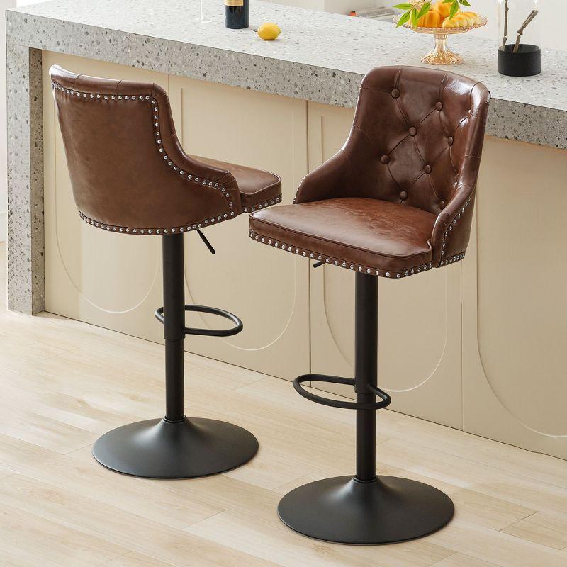 Adjustable Brown Faux Leather Swivel Bar Stools with Nailhead Trim, Set of 2