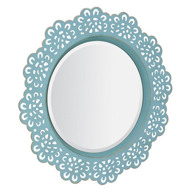 Blue Round Metal Lace Hanging Wall Mirror with Brass Highlights