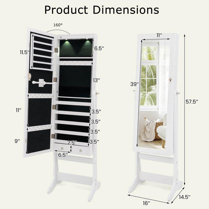 Costway Lockable Mirrored Jewelry Cabinet Armoire Organizer Storage with Stand & LED Lights White/Black/Brown