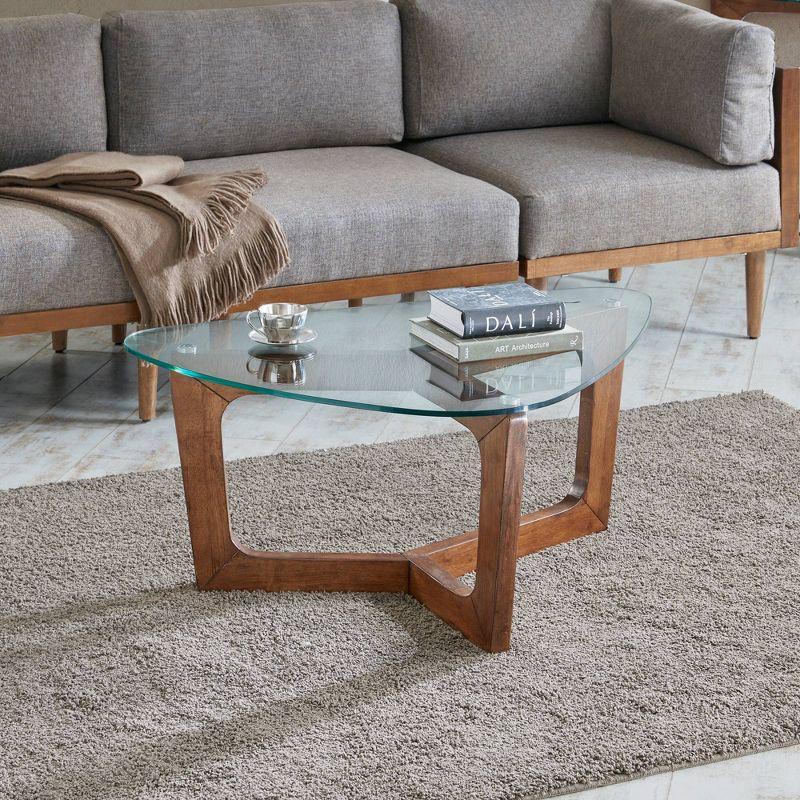 Triangular Pecan Wood Coffee Table with Glass Top