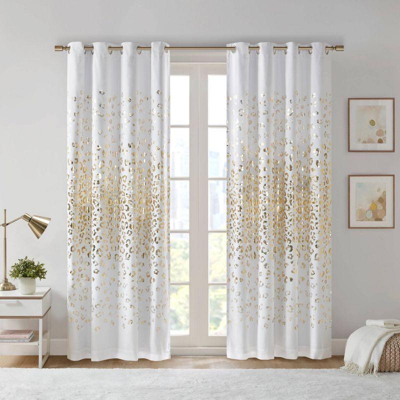 Lillie Metallic Animal Print Blackout Curtain in White and Gold, 50"W x 63"L