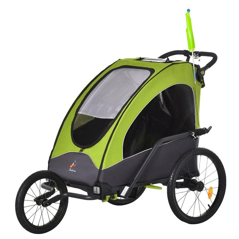 Aosom Bike Trailer for Kids 3 In1 Foldable Child Jogger Baby Stroller Transport Carrier, Rubber Tires Adjustable Kid Bicycle Trailer Green and Gray