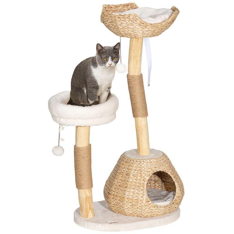 Cream White Wooden Cat Tree with Jute Scratching Posts and Cattail Beds