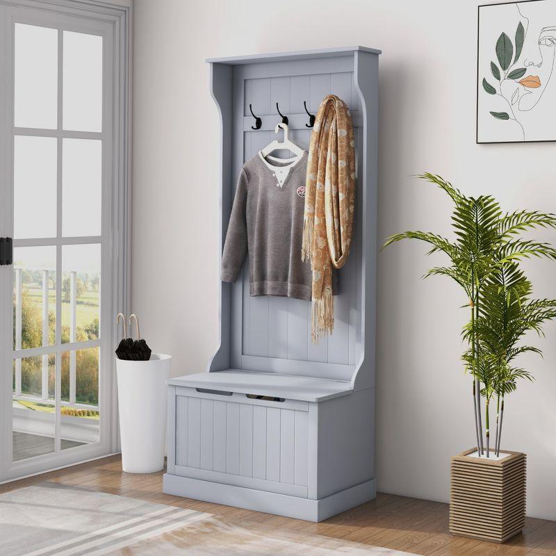 HOMCOM 3-In-1 Entryway Hall Tree with Storage Bench, Coat Rack with Four Hooks, and Shoe Storage, Gray