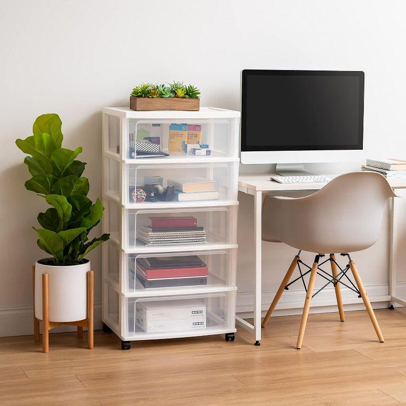 IRIS USA 5 Drawer Wide Storage Drawer Cart with Caster Wheels, Plastic Rolling Dresser for Home Closet Bedroom Bathroom Office Laundry, White/Clear