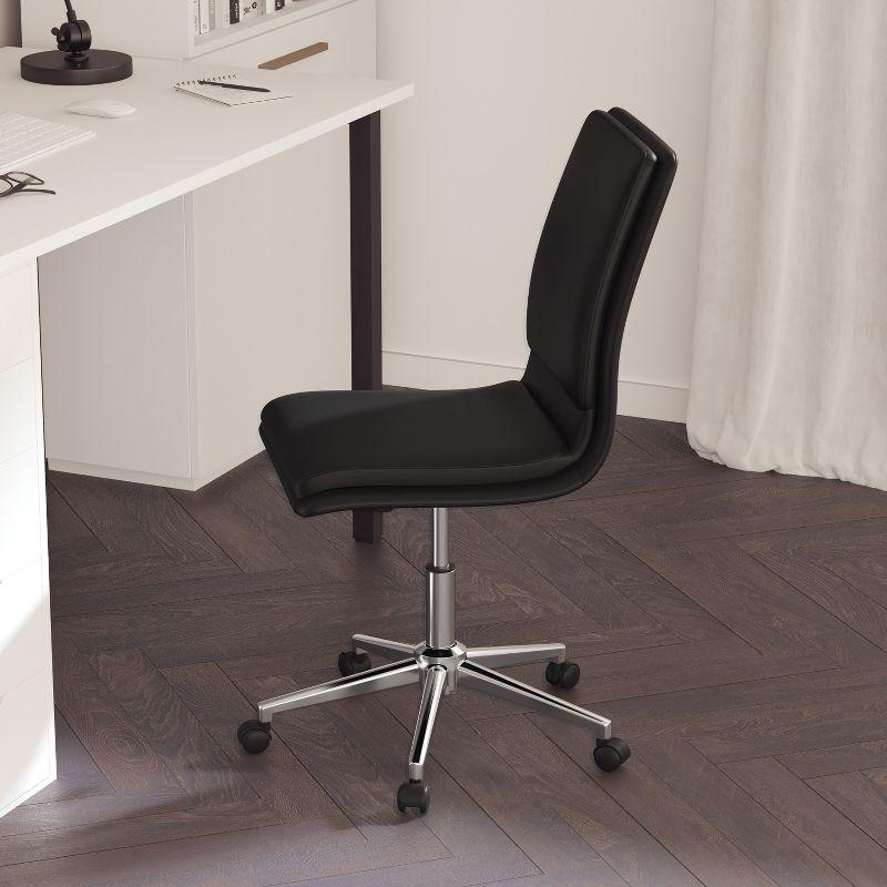 Armless Black Faux Leather Task Chair with Wood Swivel Base