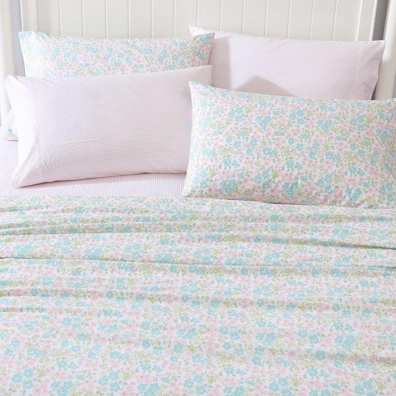 Jaynie Pink and Blue Floral Cotton Queen Sheet Set