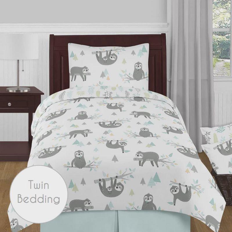 Gray and Aqua Sloth Print Twin Microfiber Sheet Set