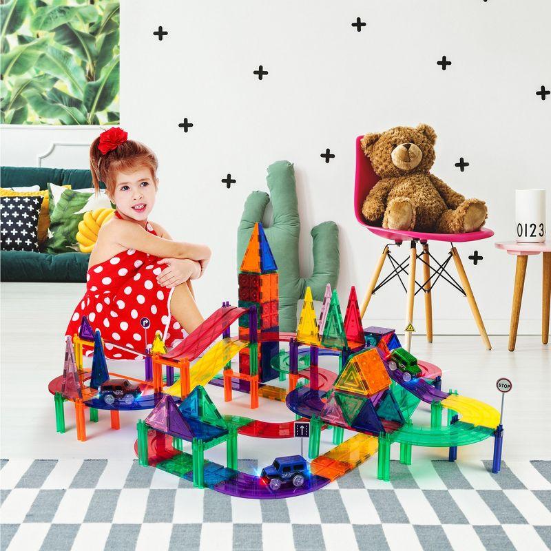 PICASSO-TILES Race Track Magnetic Tiles for Kids, 128PCS with 3 Racing Cars, Construction STEM Building Blocks Educational Toy