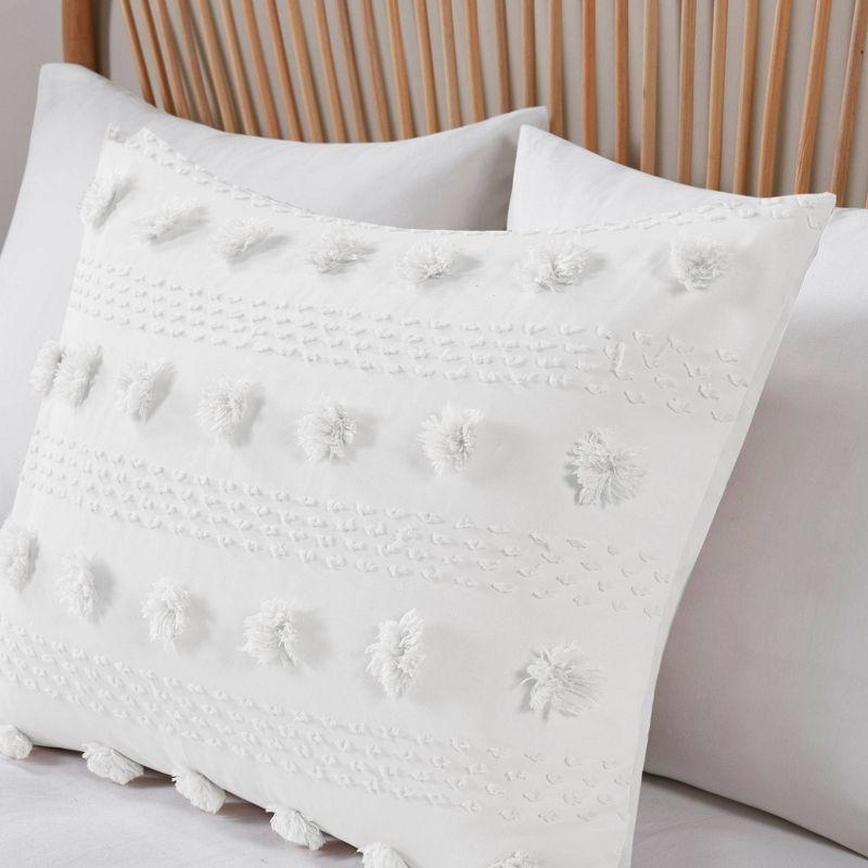 Ivory Clip Jacquard Queen Duvet Cover Set with Pom Poms