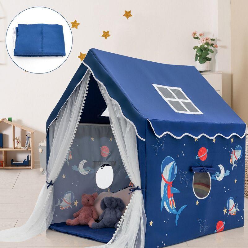 Blue Children's Indoor Play Tent with Cotton Mat and Mesh Curtains