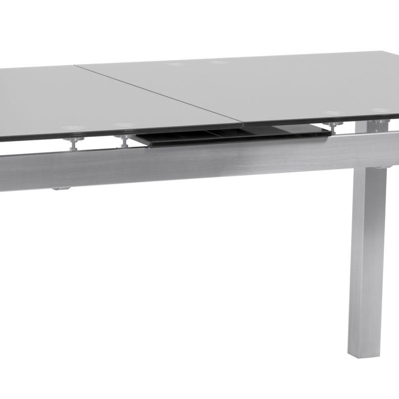 Armen Living IvanExtendable Dining Table in Brushed Stainless Steel and Gray Tempered Glass Top: Modern Self-Storing Leaf, Seats 6