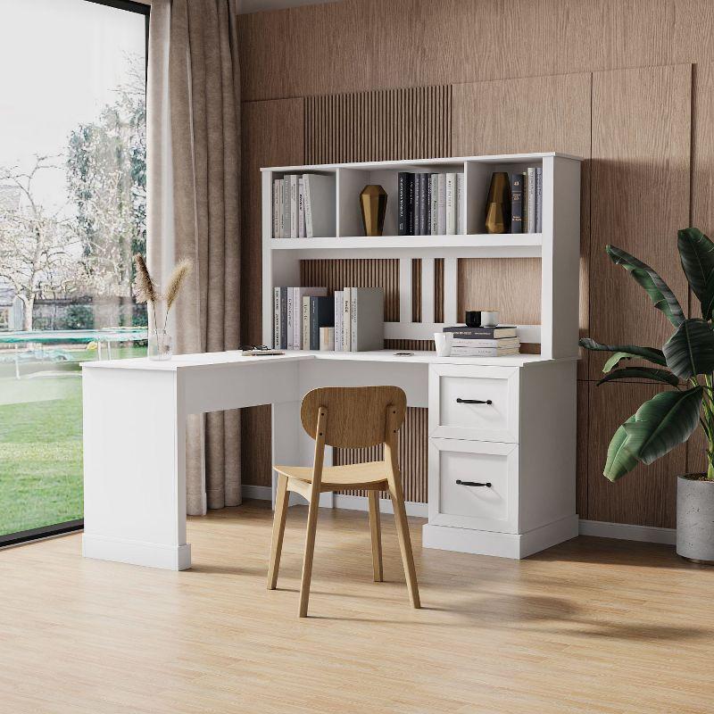 White L-Shaped Computer Desk with Hutch and Filing Cabinet