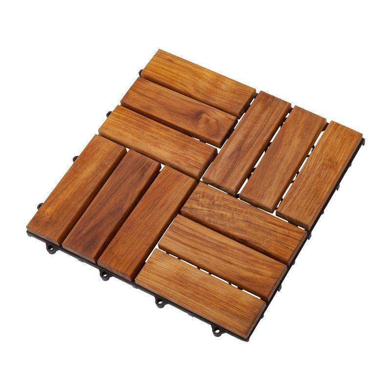 Nordic Teak (10 sq ft) Oiled Teak Outdoor Interlocking Floor Tiles, 12 Slat - Brown