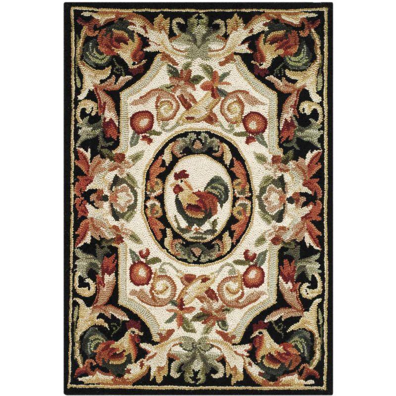 Ivory and Black Hand-Knotted Floral Wool Area Rug