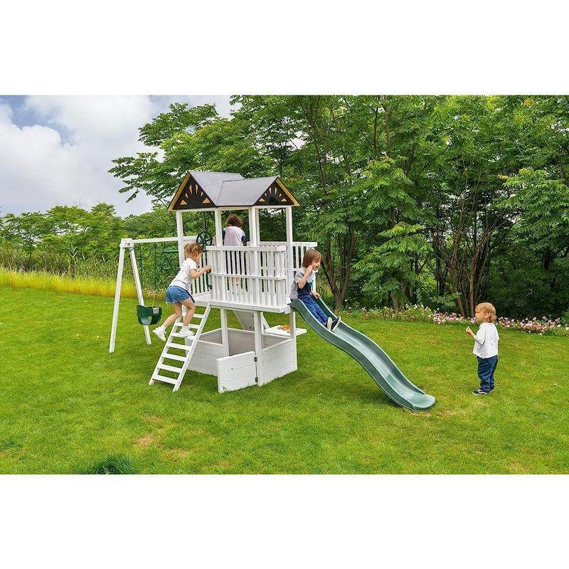 Avenlur Craftsman Swing Set: Montessori-style outdoor play with slide, clubhouse, gym bar, rock climb wall, and more! ASTM certified. Ages 3-11yrs.