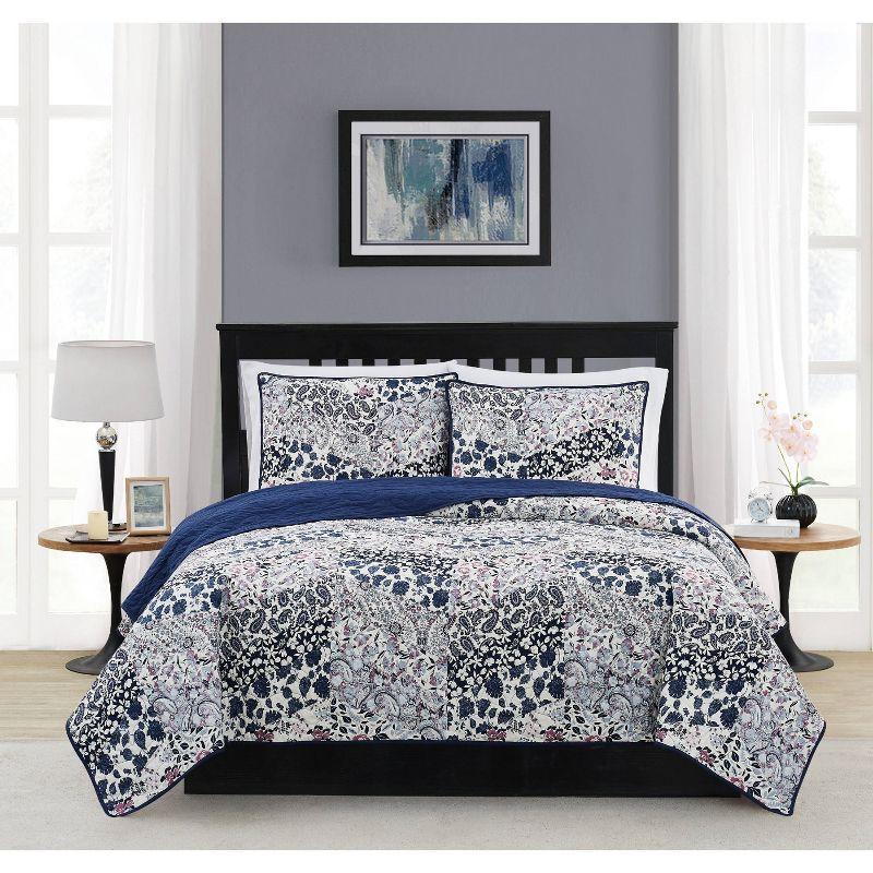 Chelsea Blue Floral Microfiber Full Quilt Set