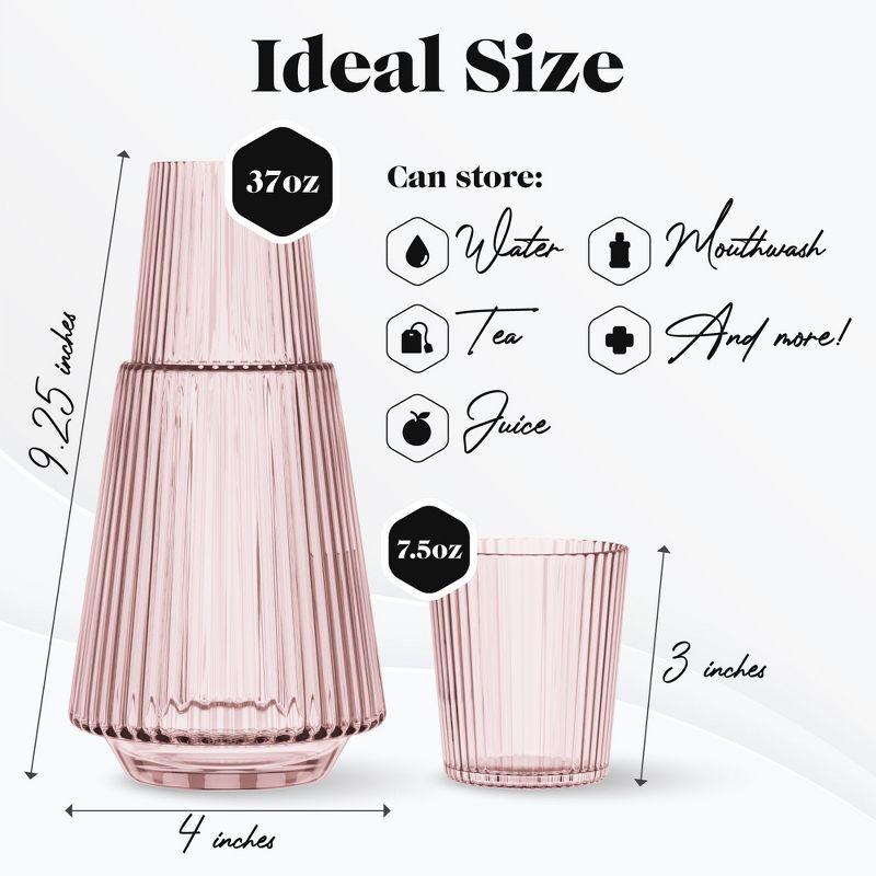 Pink Ribbed Glass Bedside Water Carafe with Tumbler Lid