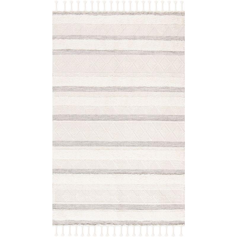 Ivory and Grey Hand-Knotted Wool Striped Area Rug, 3' x 5'