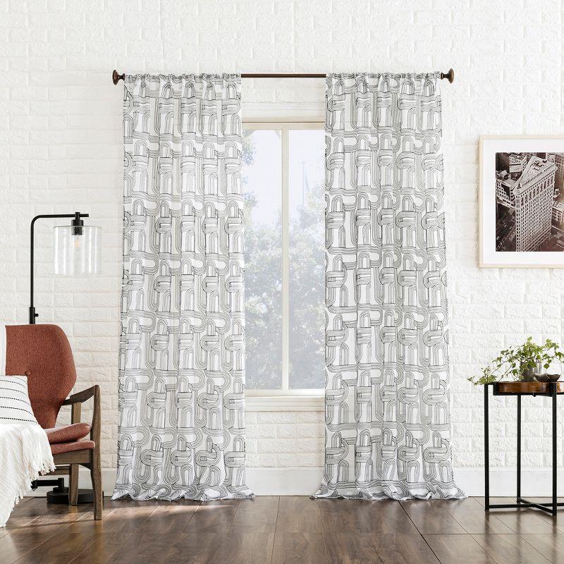 No. 918 Sheer Kaz Embroidered Retro Curves Rod Pocket Curtain Panel