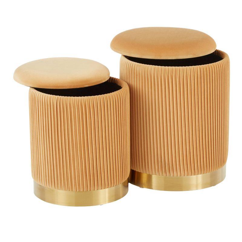 Marla Contemporary Nesting Pleated Ottoman Set Gold/Orange Velvet - LumiSource: Chic Design, Space-Saving, Metal Base