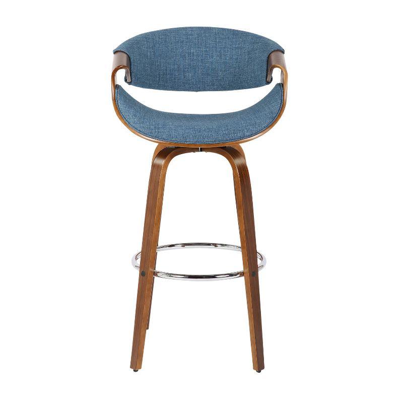 Mid-Century Blue Fabric Swivel Barstool with Walnut Wood Frame