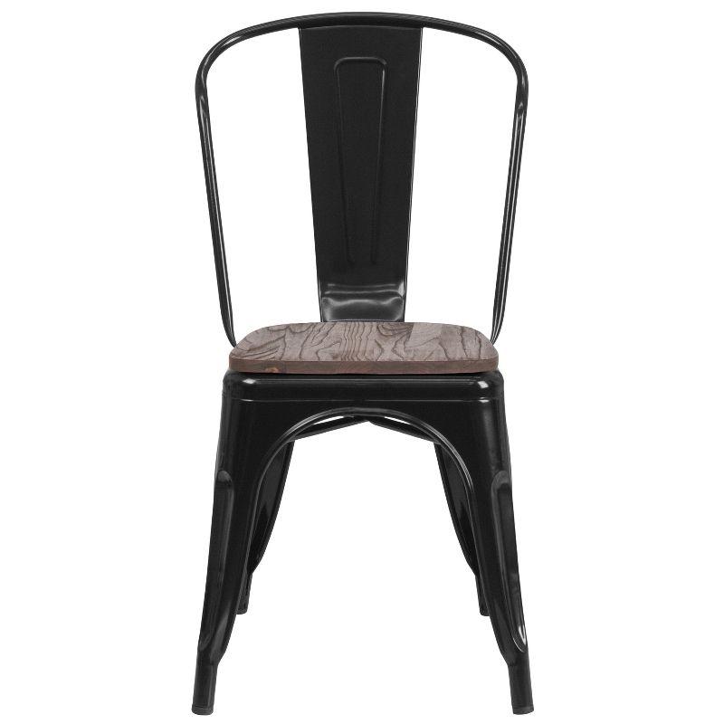 High-Back Black Steel Side Chair with Rustic Wood Seat