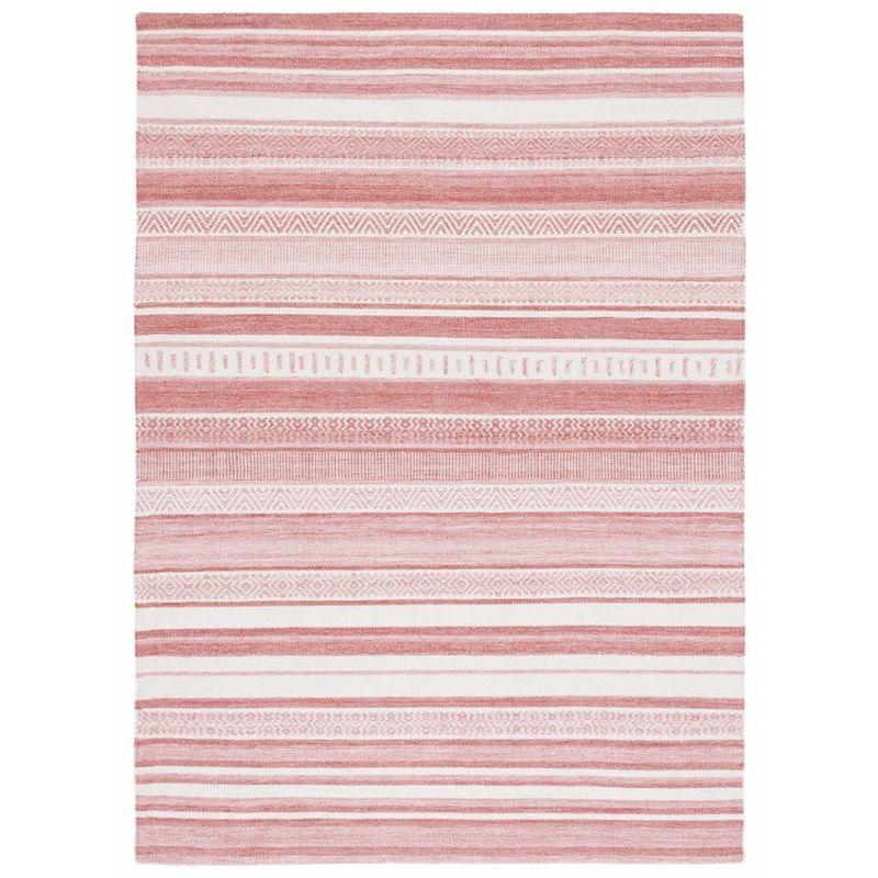 Ivory and Pink Striped Handwoven Wool Area Rug