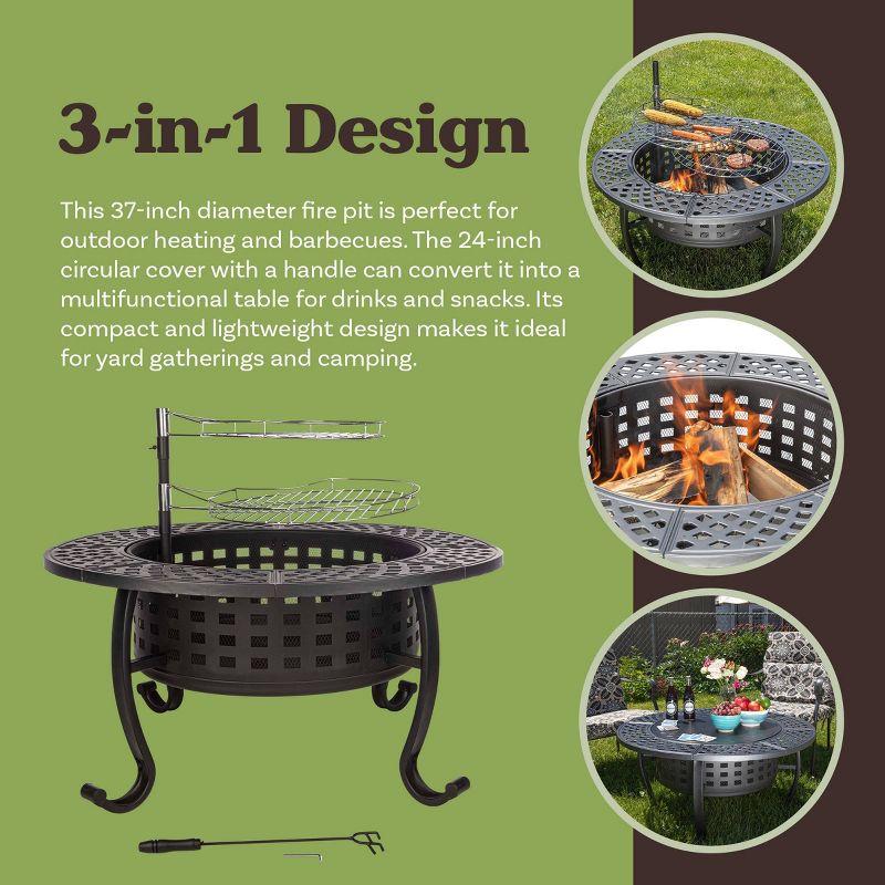 Pure Garden 37" Wood Burning Round Outdoor Fire Pit & Lid Brown: Steel Frame, Includes Poker & Cover, 4200 BTU